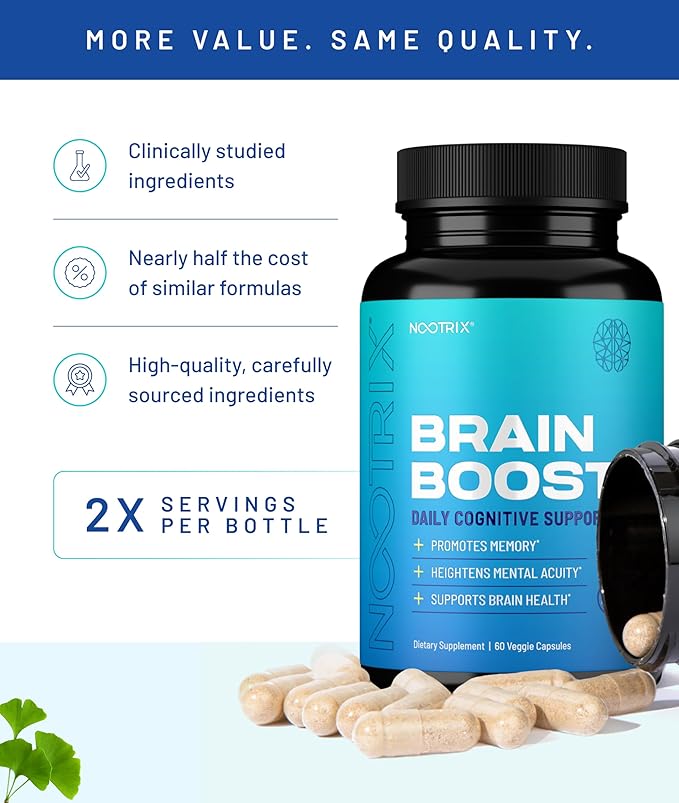 Nootrix Brain Boost Nootropic Supplement | Supports Memory, Mental Focus, Cognitive Health & Energy | Caffeine-Free, Promotes Healthy Mood & Brain Function w/Gingko Biloba & DMAE | 240 Capsules