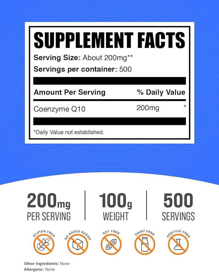 BulkSupplements.com Coenzyme Q10 Powder - Coenzyme Q10 200mg Supplement, Nutritional Supplement - Gluten Free, 200mg per Serving, 100g (3.5 oz) (Pack of 1)