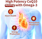CoQ10 400mg with Omega 3 Fatty Acids, 300 Softgel | Stable High Absorption Form – Antioxidant Support for Heart & Energy Health – Extra Strength Coenzyme Q10 Supplement
