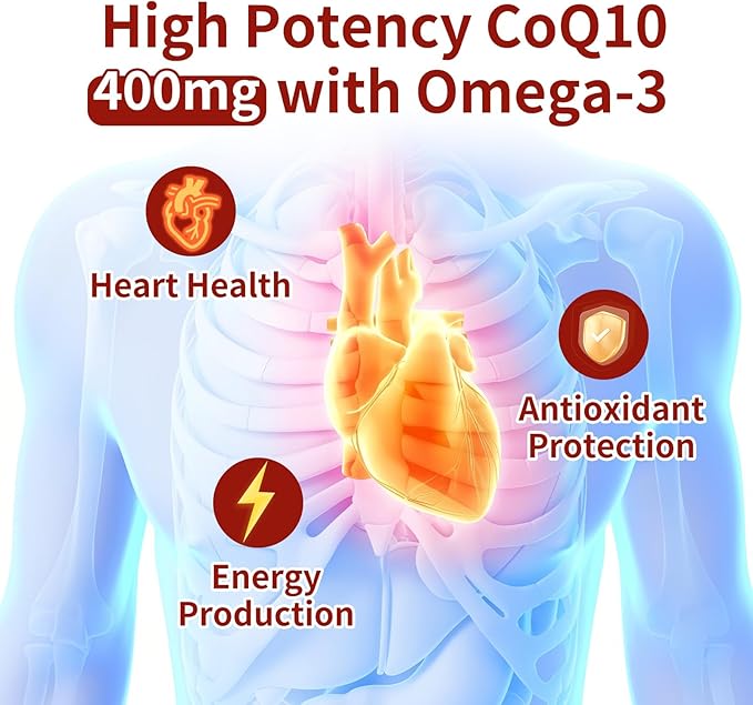CoQ10 400mg with Omega 3 Fatty Acids, 300 Softgel | Stable High Absorption Form – Antioxidant Support for Heart & Energy Health – Extra Strength Coenzyme Q10 Supplement