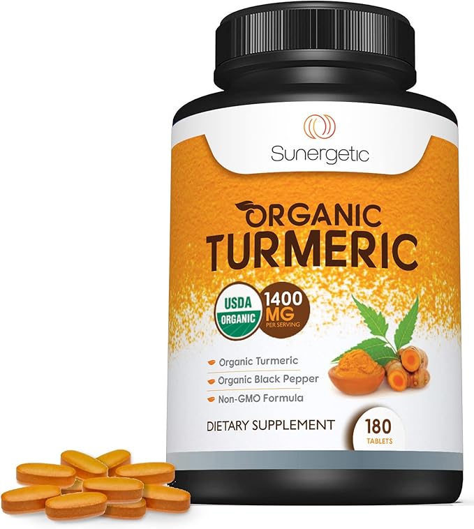 Sunergetic USDA Certified Organic Turmeric Supplement – Includes Organic Turmeric & Organic Black Pepper – 1,400mg of Turmeric per Serving - 180 Count (Pack of 1)
