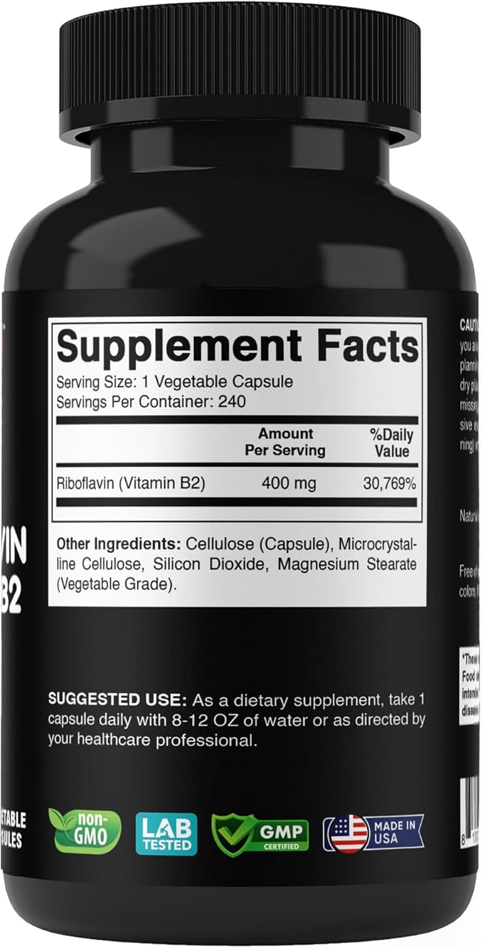 Vitabod Vitamin B2 (Riboflavin) 400 mg 240 Vegetarian Capsules - Support Cellular Energy and Red Blood Cell Production