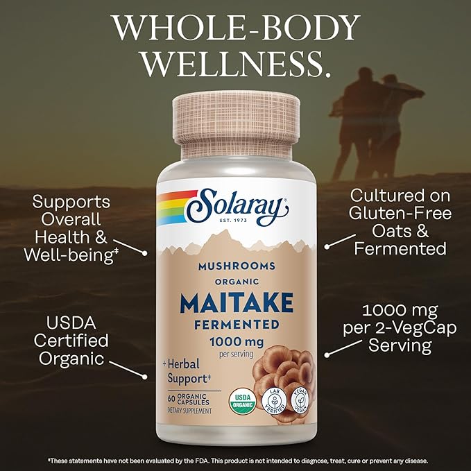 SOLARAY Organic, Fermented Maitake Mushroom Supplement 1000mg - Herbal Adaptogens - Powerful Mushrooms for Health and Wellness Support - Vegan, Gluten Free, 60-Day Guarantee, 30 Servings, 60 VegCaps