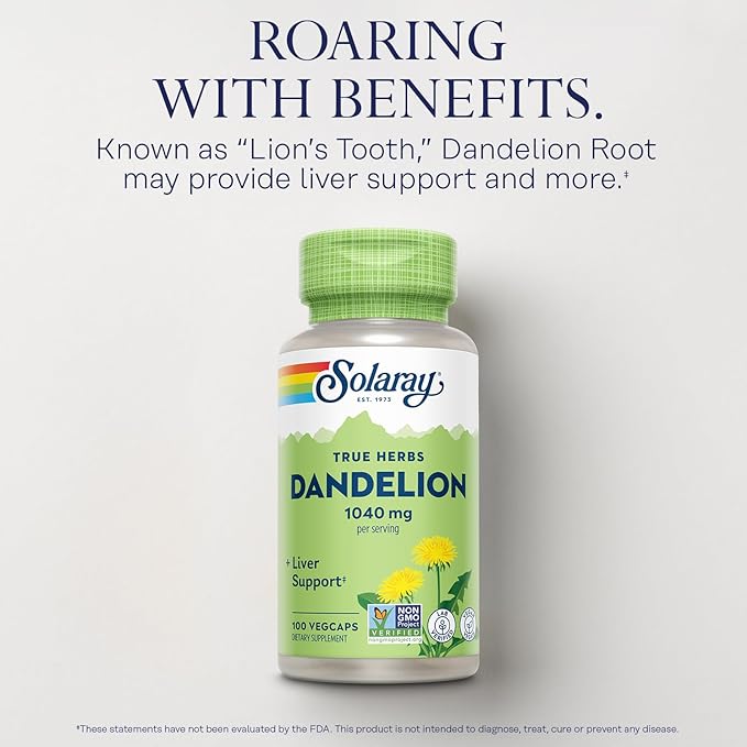 SOLARAY Dandelion Root Supplement - Healthy Kidney and Liver Support - 1,040 mg per Serving - Vegan, Lab Verified, 60-Day Guarantee - 50 Servings, 100 VegCaps