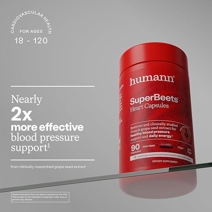 Humann SuperBeets Beet Root Capsules Quick Release 1000mg, Helps Support Nitric Oxide Production, Blood Pressure Support, Heart Health, Contains Non-GMO Beetroot Powder, Studied Antioxidants, 90 Count