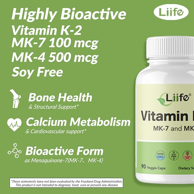 LIIFE Vitamin K2 600mcg Supplement with MK-7 100mcg & MK-4 500mcg,90 Vegetable Capsules for Bone & Cardiovascular Health | Non-GMO & Gluten Free