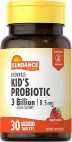 Sundance Kid's Chewable Probiotic | 30 Tablets | 3 Billion Active Cultures | Berry Flavor | Vegetarian, Non-GMO, and Gluten Free Supplement