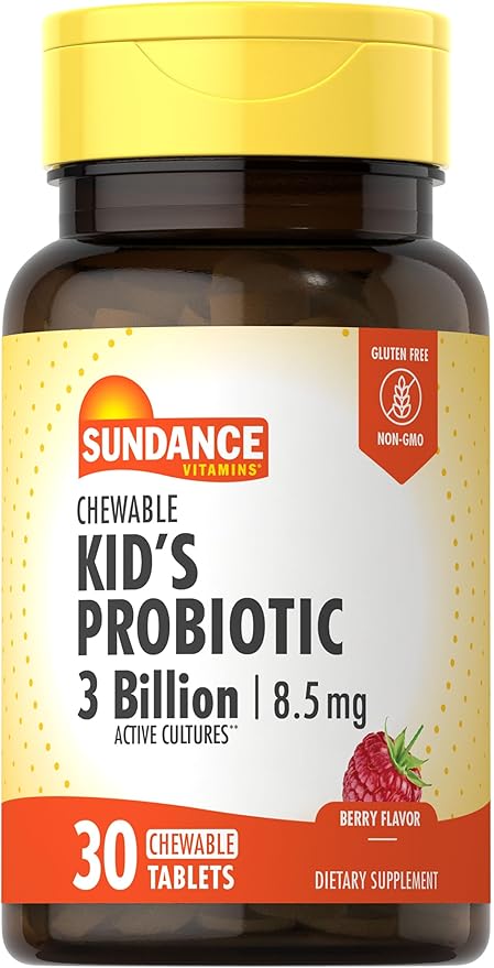 Sundance Kid's Chewable Probiotic | 30 Tablets | 3 Billion Active Cultures | Berry Flavor | Vegetarian, Non-GMO, and Gluten Free Supplement