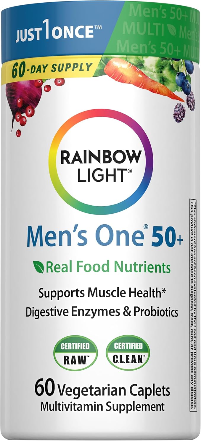 Rainbow Light Mens Multivitamin One + for 50 Plus | 60 Caplets | Supports Muscle Health | with Vitamins C, D, and Zinc | Real Food Nutrients, Digestive Enzymes & Probiotics