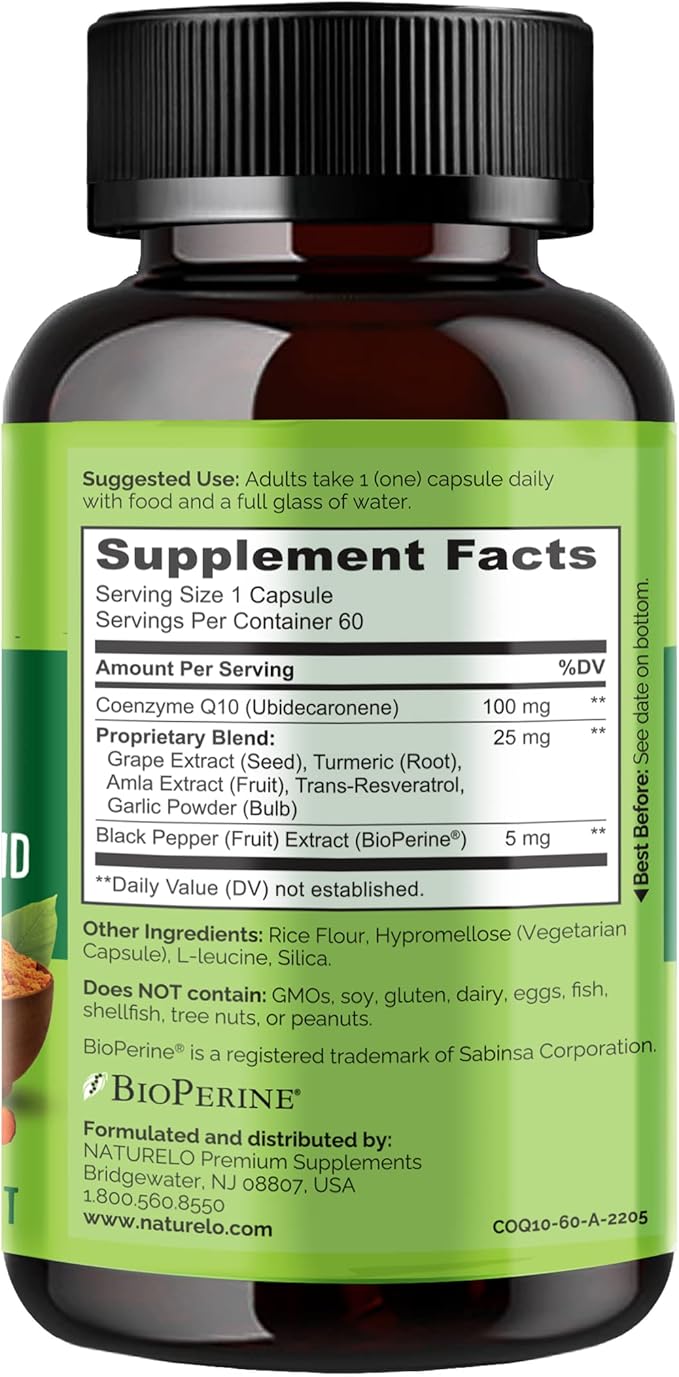 NATURELO Whole Food CoQ10 Supplement, 60 Veg Capsules, Heart Health Blend, Powerful Antioxidant, CoQ10 100mg for Energy Production