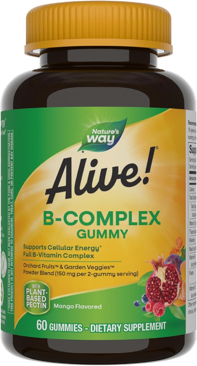 Nature's Way Alive! Vitamin B Complex Gummies, Cellular Energy Support*, 8 B-Vitamins, Vegetarian, Mango Flavored, 60 Count (Packaging May Vary)