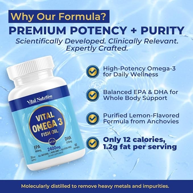 Vital Omega 3 Fish Oil Supplements 2400mg | 864mg EPA & 576mg DHA | 1440mg Total Omega-3 Fatty Acids | Promotes Brain & Heart Health | Non-GMO, Gluten-Free, Sugar-Free | Lemon | 30 Day Servings