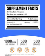 BulkSupplements.com Vitamin B12 Methylcobalamin Capsules - B12 Vitamin Supplement, B12 1000mcg, for Energy Support - Gluten Free, 1 Capsule per Serving, 500 Capsules (Pack of 1)