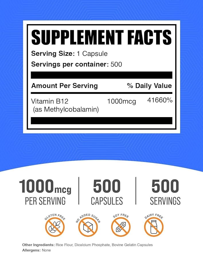 BulkSupplements.com Vitamin B12 Methylcobalamin Capsules - B12 Vitamin Supplement, B12 1000mcg, for Energy Support - Gluten Free, 1 Capsule per Serving, 500 Capsules (Pack of 1)