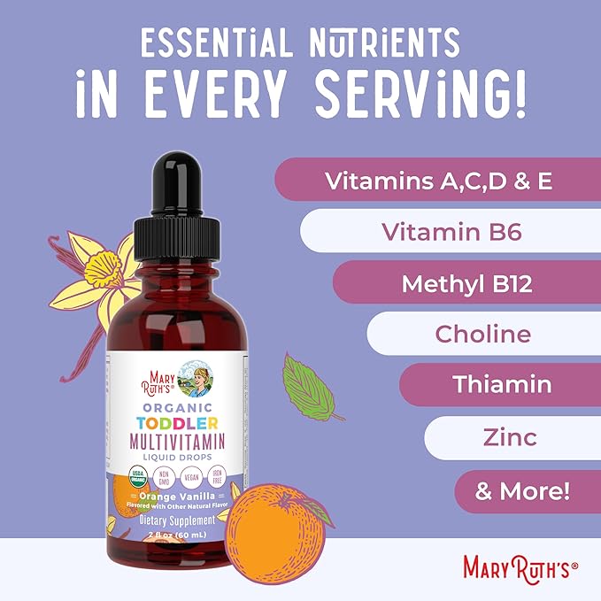 MaryRuth's Toddler Multivitamin | Vitamin A C D E B6 B12 Zinc | Healthy Growth Support | Immunity | Bone Health | Cognitive Function | Organic | Sugar Free | Vegan | Non-GMO | 2 Fl Oz | 30 Day Supply