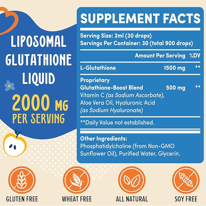 2000MG Liposomal Glutathione Liquid, 98% Absorption, Active Form L-Glutathione Supplement, Vegan Friendly, Powerful Antioxidant Complex for Immune System, Aging Defense, Detox, 2 FL.OZ