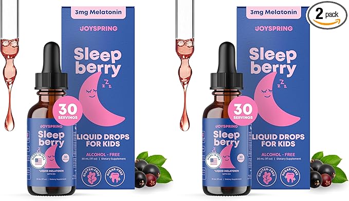 JoySpring SleepBerry Liquid Melatonin for Kids - Natural Sleep Aid with Elderberry and Vitamin D - Boosts Immune System While They Sleep (1 Fl oz) (Pack of 2)