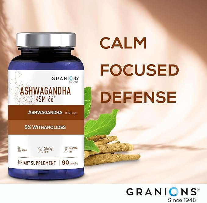 Granions KSM66 Ashwagandha Supplements - 1,050 mg, 5% Withanolides, Clinically Studied KSM-66 Root Extract Pills - Vegan Stress and Focus Support for Men and Women - 90 KSM 66 Ashwagandha Capsules