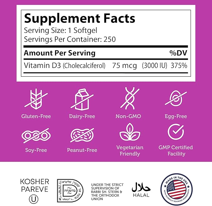 Zahler Vitamin D3 3000IU, Vitamin D3 Supplement 3,000 IU, Certified Kosher (250 Softgels)