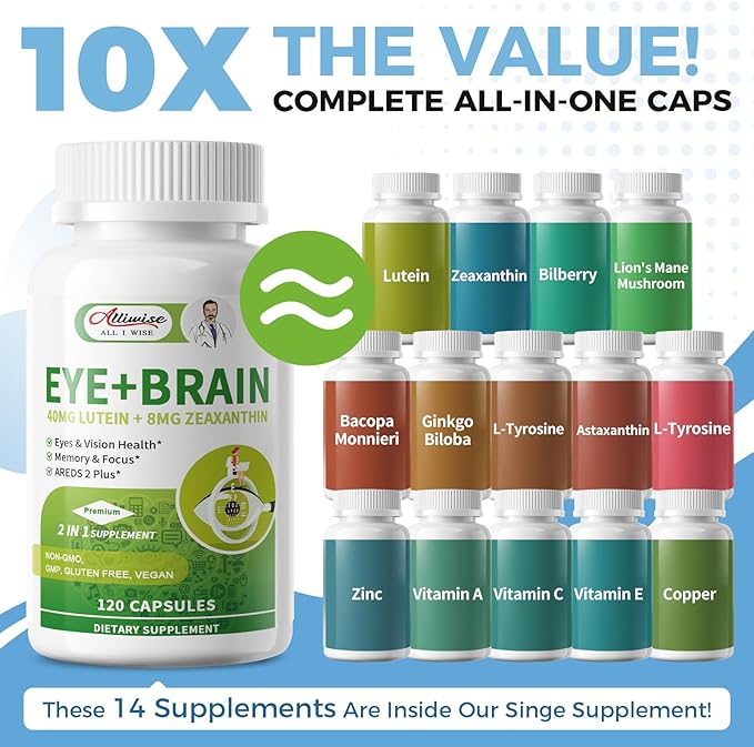 2 Pack Eye + Brain Supplements for Memory and Focus, Lutein 40mg, Zeaxanthin, Astaxanthin, Bilberry, Lion’s Mane, Bacopa Monnieri, Ginkgo Biloba, 14 in 1 Eye Vitamins for Adults & Seniors 240 Capsules
