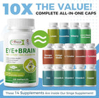 2 Pack Eye + Brain Supplements for Memory and Focus, Lutein 40mg, Zeaxanthin, Astaxanthin, Bilberry, Lion’s Mane, Bacopa Monnieri, Ginkgo Biloba, 14 in 1 Eye Vitamins for Adults & Seniors 240 Capsules