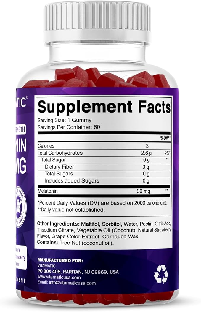 Vitamatic Sugar Free Melatonin 30mg per Gummy - 60 Servings - 60 Vegetarian Gummies - Non-Habit Forming Supplement (60 Count (Pack of 1))