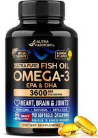 Omega 3 Fish Oil 3600 mg - Omega 3 Supplement | EPA & DHA - Heavy Metals Free - Heart, Brain & Joint Support - Purified Fish Oil for Men & Women - Lemon Flavored - Made in USA, 90 Softgels
