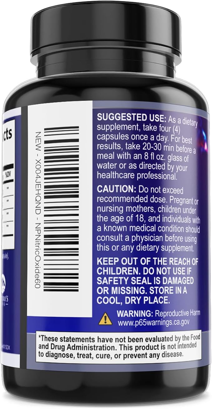 Extra Strength Nitric Oxide Booster - 3X Strength L-Arginine, Citrulline, & Beta Alanine - Premium Nitric Booster Natural Energy, Muscle & Heart Support, Bottled in USA for Men & Women - 60 Capsules