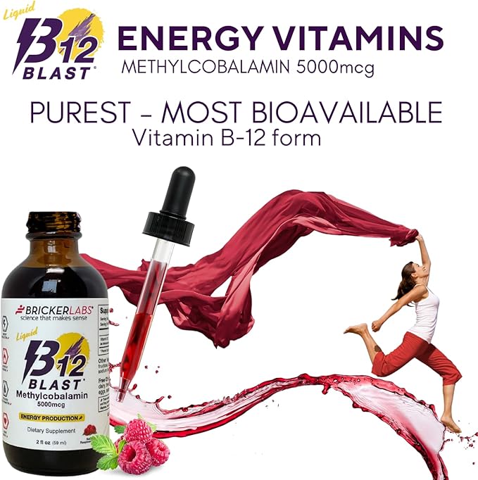 Bricker Labs B12 Blast Methylcobalamin 5000mcg, Great Tasting Sublingual Liquid Energy Vitamins -Vegan B12 Vitamins, Sustained Energy and Cellular Health Supplement - 59-Day Servings