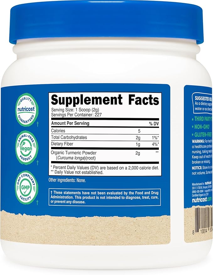 Nutricost Organic Turmeric Root Powder 1 LB (16oz) - Certified USDA Organic, Food Grade, Gluten Free, Non-GMO