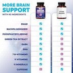Brain Memory Supplement - 3X Strength Nootropics for Concentration, Clarity & Focus Support - Brain Health Cognitive Vitamins with Bacopa, Phosphatidylserine & DMAE, Brain Booster, 60 Capsules