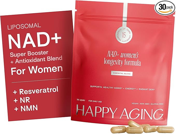 Happy Aging Essential Longevity Formula, NAD+ Super Booster with NR, NMNH & Liposomal β-NAD+, Organic Antioxidant Superfruit Blend for Cellular Energy, Skin Hydration & Daily Vitality, 30 Capsules