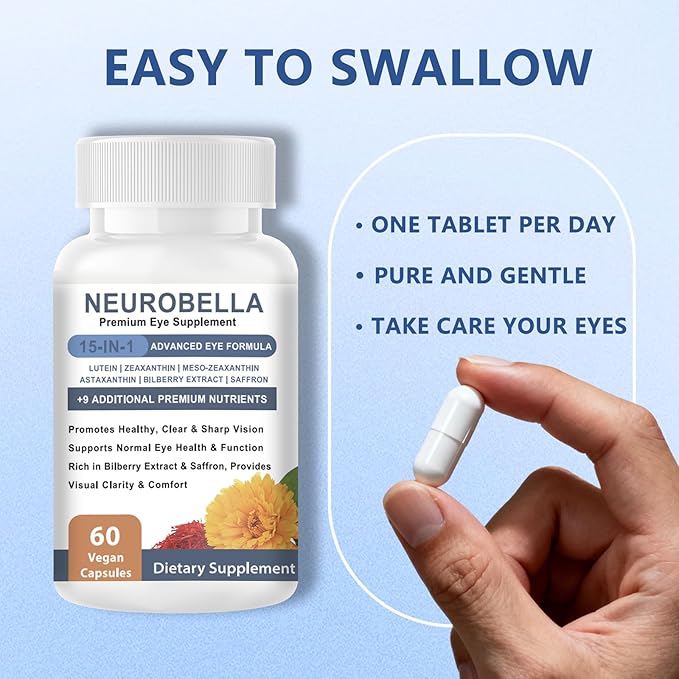 Neurobella Eye Formula， 15-in-1 Eye Nutritional Support Capsules - Containing carotenoids (Lutein, zeaxanthin, etc.),Bilberry Extract and Saffron, 60 Capsules