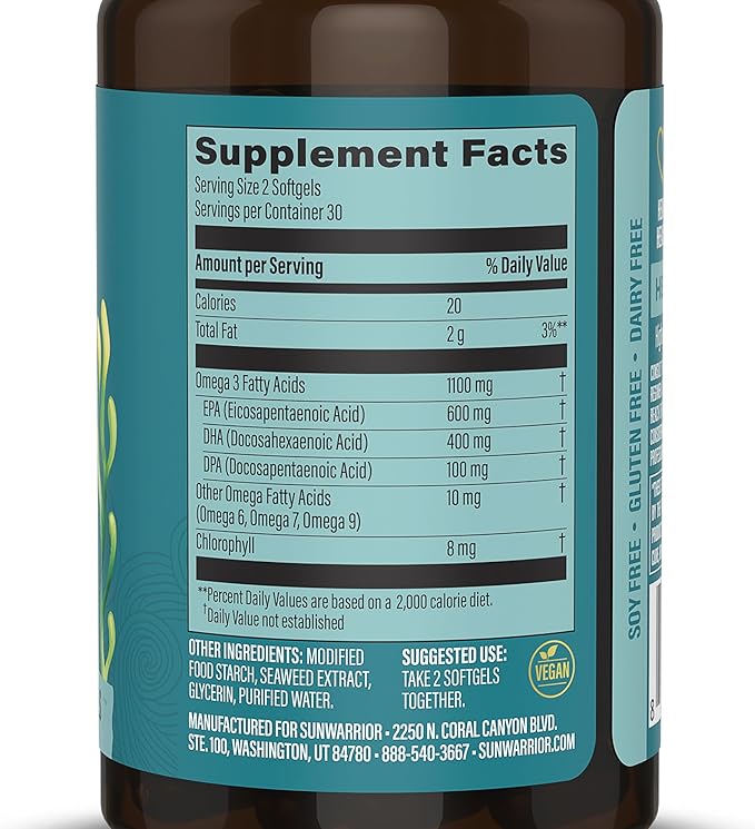 Sunwarrior Vegan Omega 3 DHA & EPA Supplement Algal Oil Preferred Alternative to Fish Oil Supports Brain Eye Joint & Heart Health (60 Count)