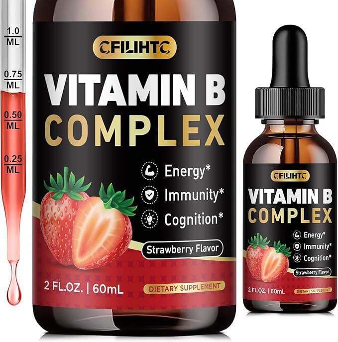 CFILIHTC Vitamin B Complex Liquid Drops, B Vitamins Complex Supplement with B1, B2, B3, B5 B6, B7, B9 & Methyl B12 Drops for Adults & Kids, Vegan, Strawberry Flavor