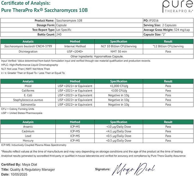 Pure Therapro Rx Saccharomyces Boulardii Probiotics 10 Billion CFU - Made in USA | No Fillers, Patented Strain: Lynside CNCM I-3799 Probiotics for Men and Women 240 Capsules