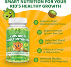 Iron Supplement Gummies for Kids, Kids Multivitamin with Iron Gummies - Zinc, Vitamin B Complex, A, C, D3, B12, Folate for Blood Builder & Energy Support, Vegan Sugar Free Green Apple & Kiwi 60ct