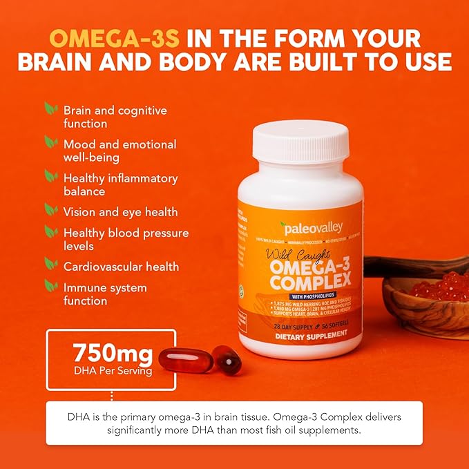 Paleovalley Omega-3 Complex, Wild Caught Fish Oil Softgels, 1,050mg Omega-3s, 750mg DHA, 187mg EPA, Phospholipid Bound Omega-3 Supplement for Brain, Heart and Joint Health, 28 Servings