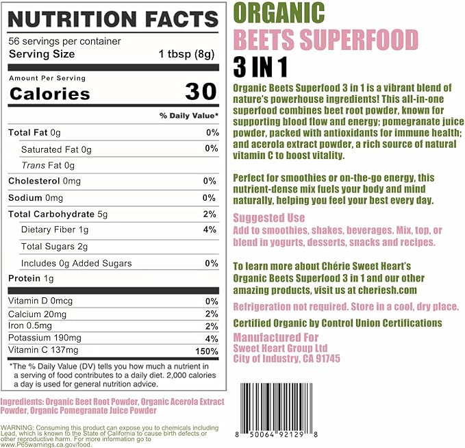 Cherie Sweet Heart USDA Organic Beets Superfood Powder, 3-in-1 Nitric Oxide, Support Healthy Blood Pressure and Blood Circulation, 454g, 16 oz Pouch