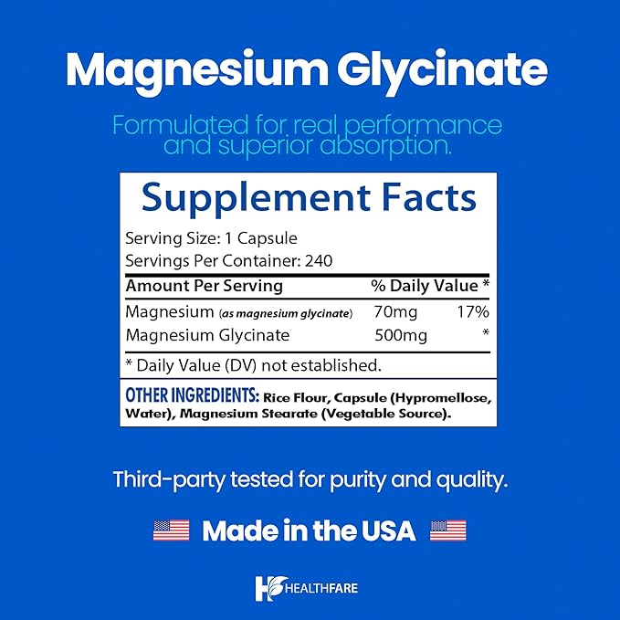 HealthFare Magnesium Glycinate 500mg | 240 Veg Capsules | High-Absorption Chelated Magnesium | Gluten-Free | Non-GMO | Made in the USA
