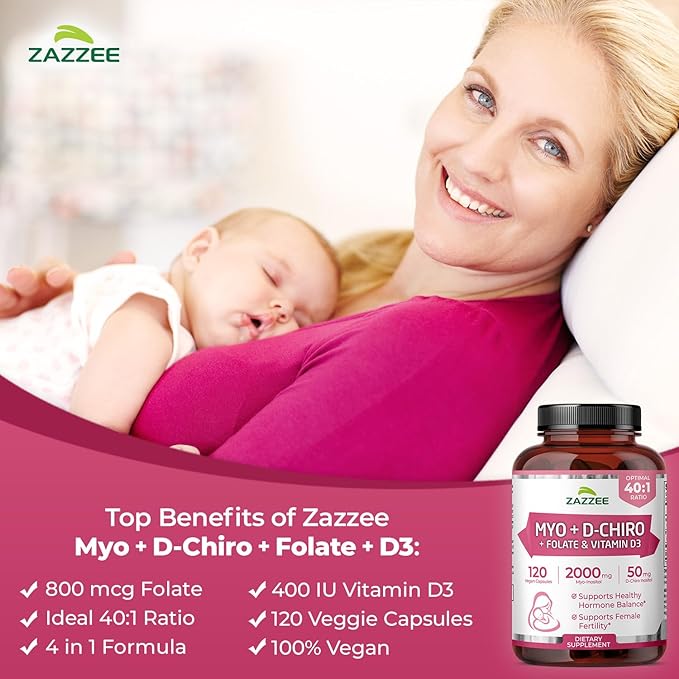 Zazzee Myo & D-Chiro Inositol Ideal 40:1 Ratio with Vitamin D3 & Folate, 120 Vegan Capsules, Hormonal Balance & Cycle Support for Women, Women’s Health Supplement, Non-GMO, Made in the USA