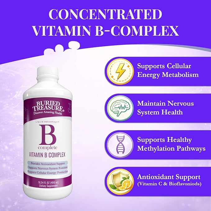 Buried Treasure B Complete - 16 Fl oz, All 8 B Vitamins with Methylated B12 & Methylfolate, Biotin, B1, B2, B6, Antioxidant Support, Liquid & Sugar-Free, B complex vitamins for Women & Men.