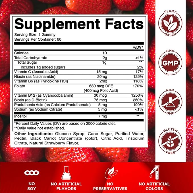 Vitamatic Vitamin B Complex Gummies with Vitamin C & Inositol - Natural Strawberry Flavor - 60 Gummies (3 Bottles)