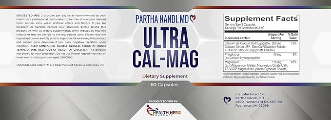 Highly Bioavailable Cal Mag, 90 Caps. Calcium Supplement 200mg & Magnesium Supplement 175mg. 3 Forms of High Absorption Magnesium & Calcium w/Phosphorus, 75mg for Bone Health, Energy by Doctor Nandi