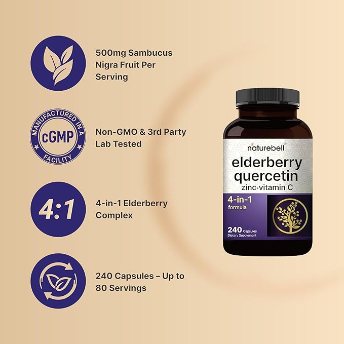 NatureBell Elderberry Quercetin 4-in-1 with Vitamin C & Zinc, 240 Capsules | Traditional Herbal Supplement | 500mg Sambucus Nigra, 500mg Quercetin, 250mg Vitamin C, 50mg Zinc Picolinate per Serving