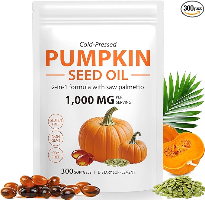 Pumpkin Seed Oil with Saw Palmetto, 1000mg for Hair Growth, Prostate & Urinary Health, Non-GMO, 300 Softgels, Cold-Pressed, Gluten-Free