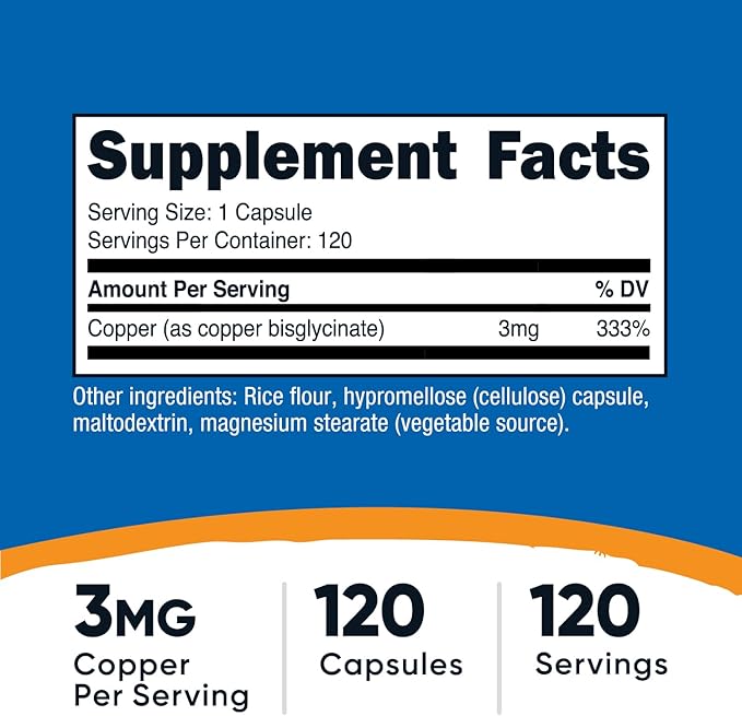 Nutricost Copper Glycinate Capsules (120 Capsules, 3MG Copper per Serving) - Non GMO, Vegan