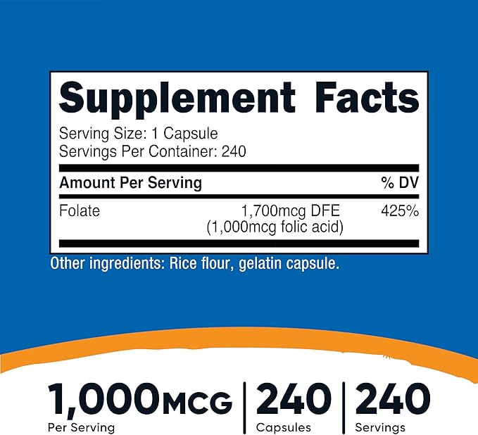 Nutricost Folic Acid (Vitamin B9) 1000 mcg, 240 Capsules (3 Bottles)