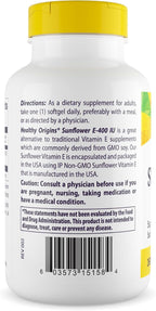 Healthy Origins Sunflower Vitamin E-400 IU (Non-GMO, Gluten Free, Soy Free, Hair Support, Nail Support, Skin Support, Cardiovascular Support), 120 Softgels