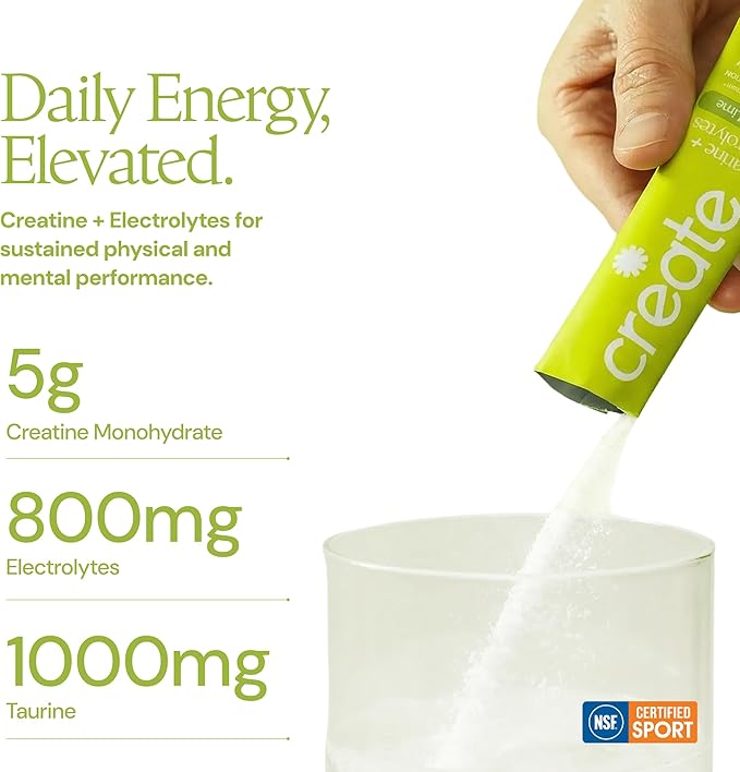 Create Creatine + Electrolytes Mix - Creatine Monohydrate Stick Packs, Supports Energy and Hydration, NSF Certified for Sport, 30 Count, Lemon Lime